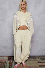 POL Mix Thermal Floral Pattern Quilted Knit Cropped Top with Raw Edge Detail on Simply Obsessed