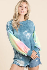 BiBi Tie Dye French Terry Top With Contrast Tie Dye on Simply Obsessed