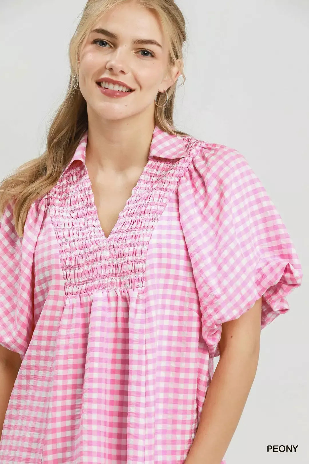 UMGEE Smocked Yoke Puff Sleeve Gingham Blouse on Simply Obsessed