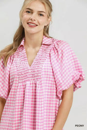 UMGEE Smocked Yoke Puff Sleeve Gingham Blouse on Simply Obsessed