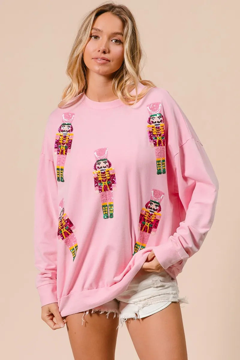 BIBI Sequin Nutcrackers Embroidery Christmas Sweatshirt on Simply Obsessed
