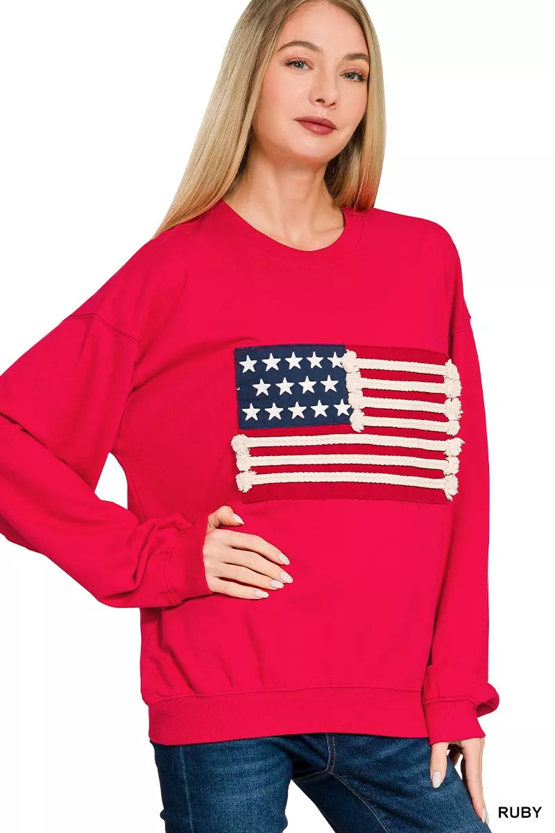 ZENANA French Terry American Flag Pullover on Simply Obsessed