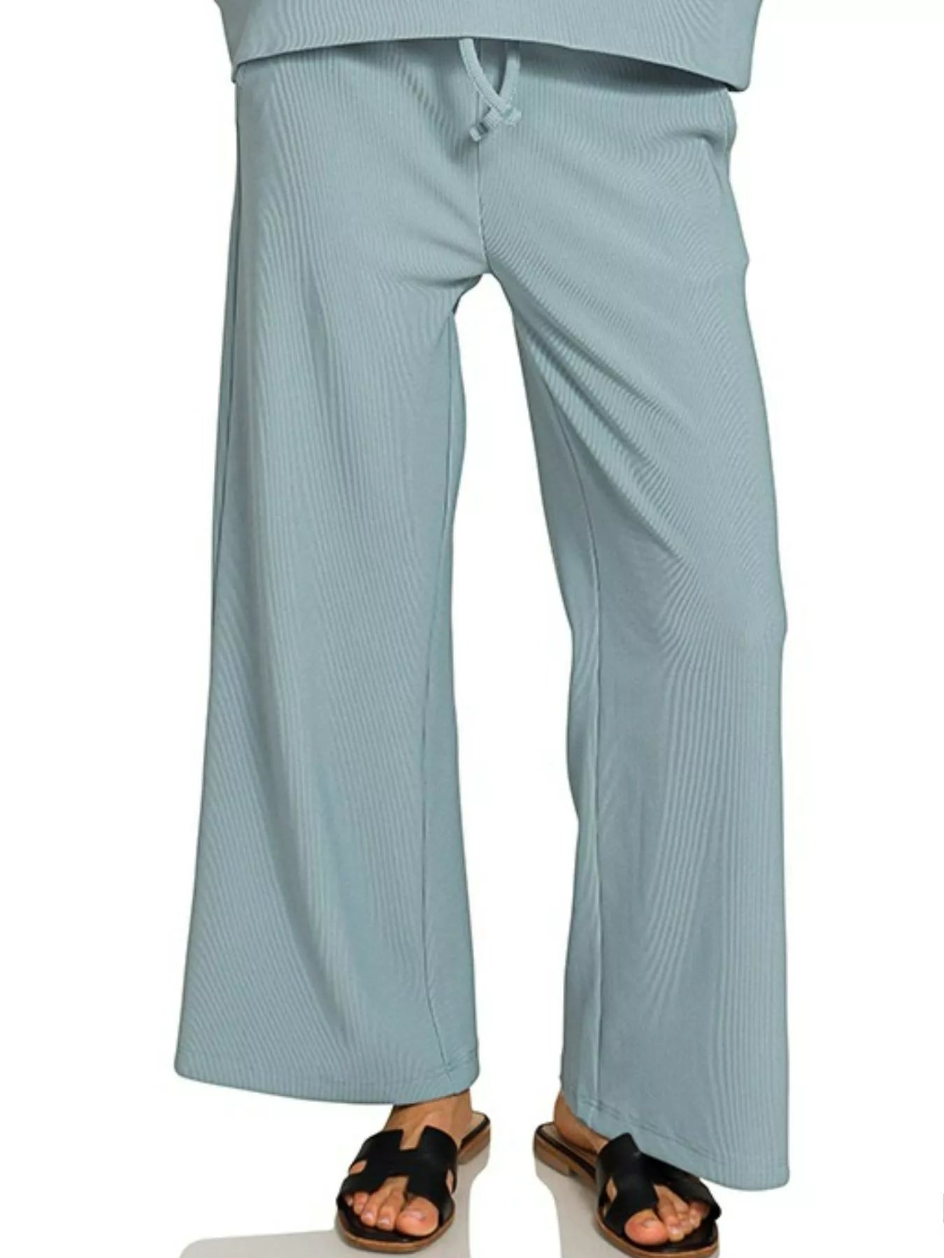 ZENANA Ribbed Round Neck Pullover and Drawstring Pants Set on Simply Obsessed