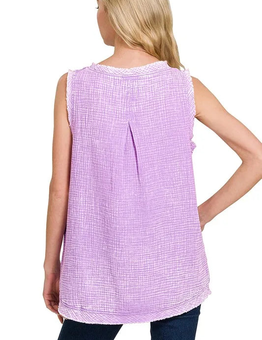 ZENANA Double Gauze Raw Edge Acid Washed Tank on Simply Obsessed