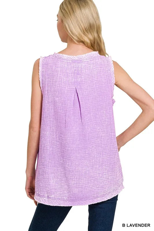 ZENANA Double Gauze Raw Edge Acid Washed Tank on Simply Obsessed