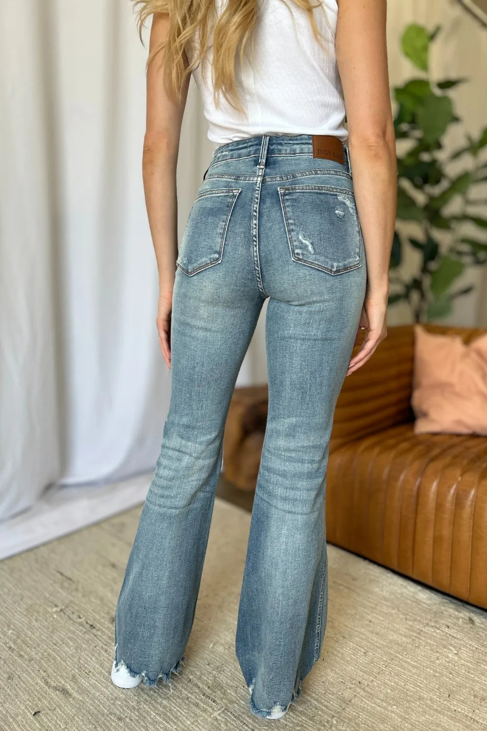JUDY BLUE Full Size Medium Rise Tummy Control Destroy Flare on Simply Obsessed