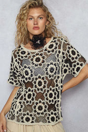 POL Openwork Short Sleeve Crochet Knit Top with Weave Knit Patterns on Simply Obsessed