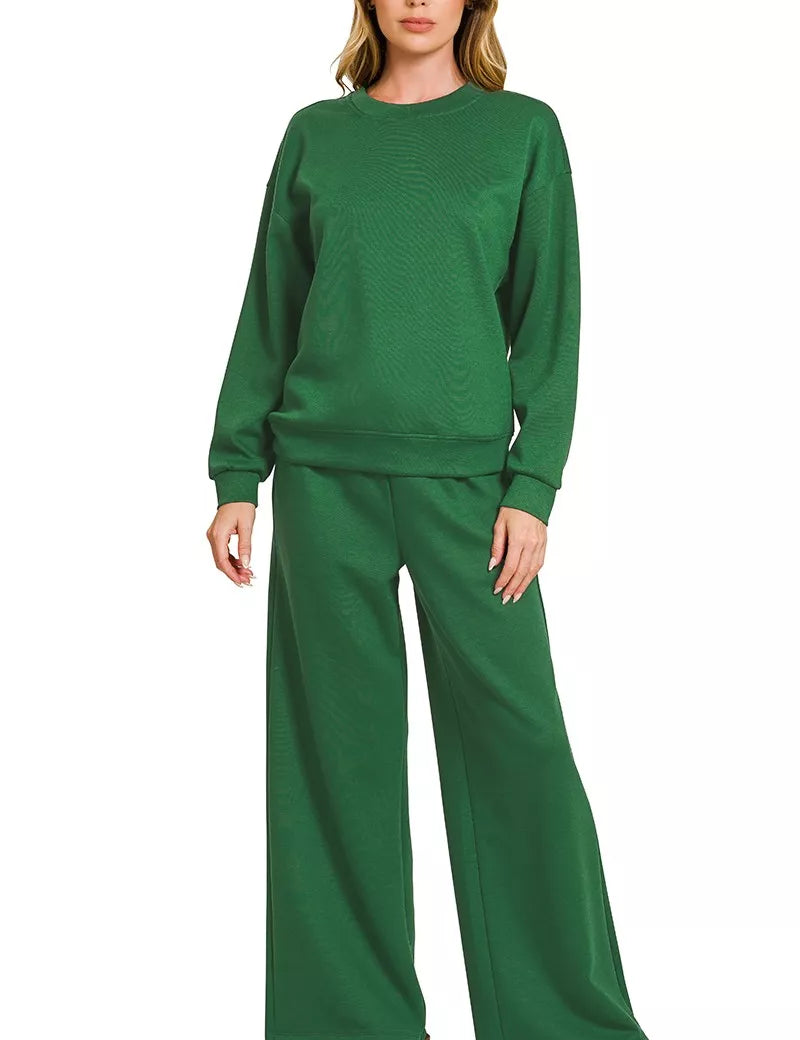 ZENANA Scuba Crewneck Pullover and Pants Set on Simply Obsessed