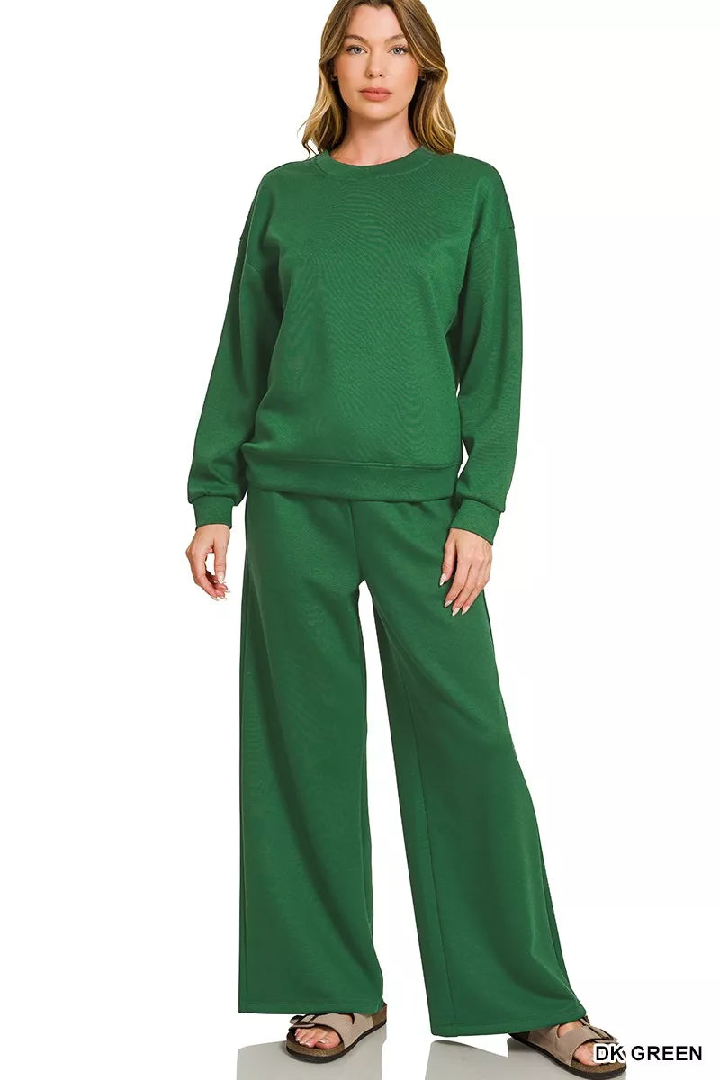 ZENANA Scuba Crewneck Pullover and Pants Set on Simply Obsessed