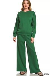 ZENANA Scuba Crewneck Pullover and Pants Set on Simply Obsessed