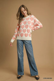 Umgee Mix Heart Pattern Pearl Accent Sweater on Simply Obsessed