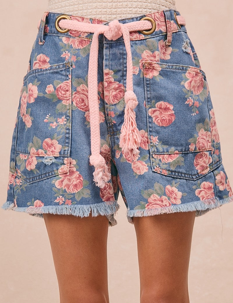 BIBI Braided Waist Belt Patch Pockets Floral Print Denim Shorts on Simply Obsessed