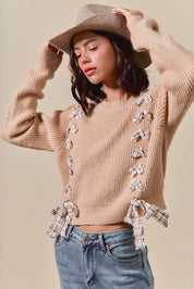 SO ME Checkered Plaid Tape Lace Up Ribbed Sweater on Simply Obsessed