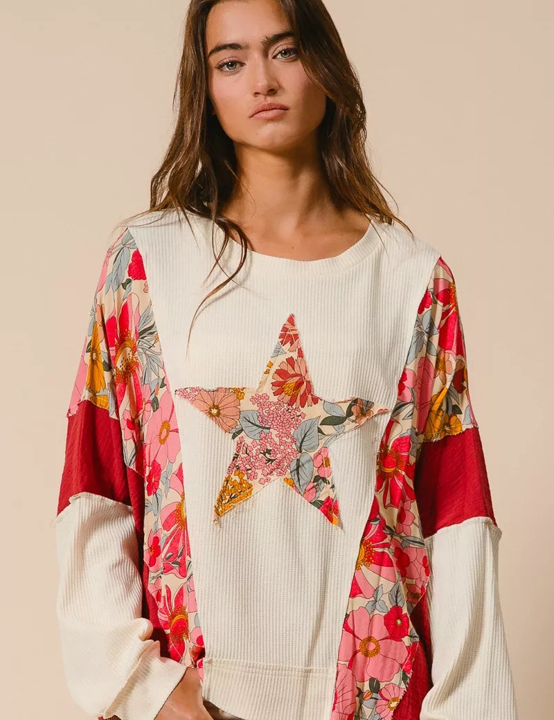 BIBI Floral Print Mixed Star Patch Round Neck Sweatshirt on Simply Obsessed