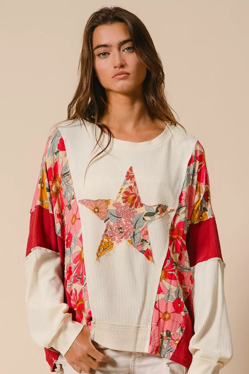 BIBI Floral Print Mixed Star Patch Round Neck Sweatshirt on Simply Obsessed