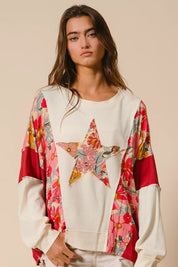 BIBI Floral Print Mixed Star Patch Round Neck Sweatshirt on Simply Obsessed