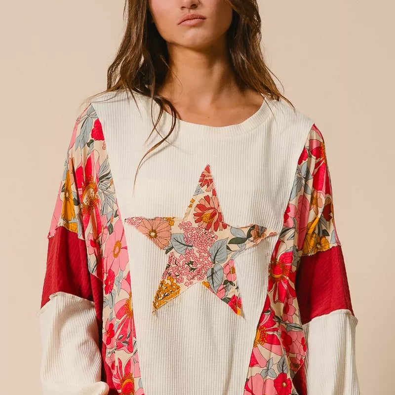 BIBI Floral Print Mixed Star Patch Round Neck Sweatshirt on Simply Obsessed