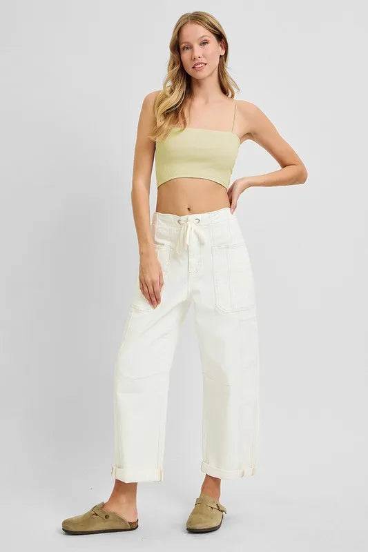 RISEN Full Size High Rise Crop Wide Barrel Cargo Pocket Jeans Plus Size on Simply Obsessed