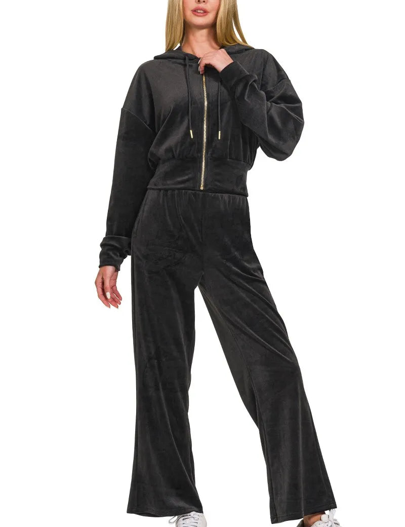 ZENANA Velvet Zip Up Hoodie and Pants Set on Simply Obsessed