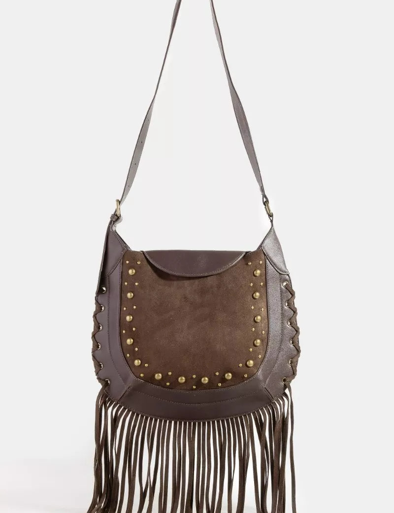 Fame Rivet Trim Suede Fringe Shoulder Bag on Simply Obsessed