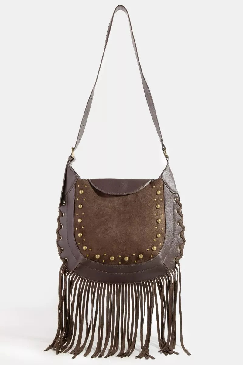 Fame Rivet Trim Suede Fringe Shoulder Bag on Simply Obsessed