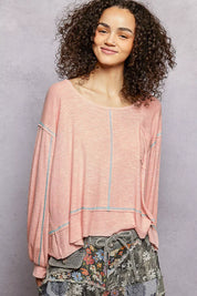 POL Round Neck Long Sleeve Exposed Seam Top with Chest Pocket on Simply Obsessed