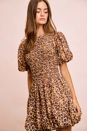 BIBI Leopard Bow Tie Attachable Puff Sleeves Dress on Simply Obsessed