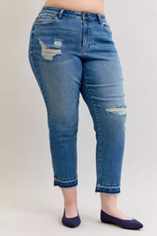 JUDY BLUE Full Size Mid Rise Bf Patch & Repair Destroy Release Hem Jeans Plus Size on Simply Obsessed