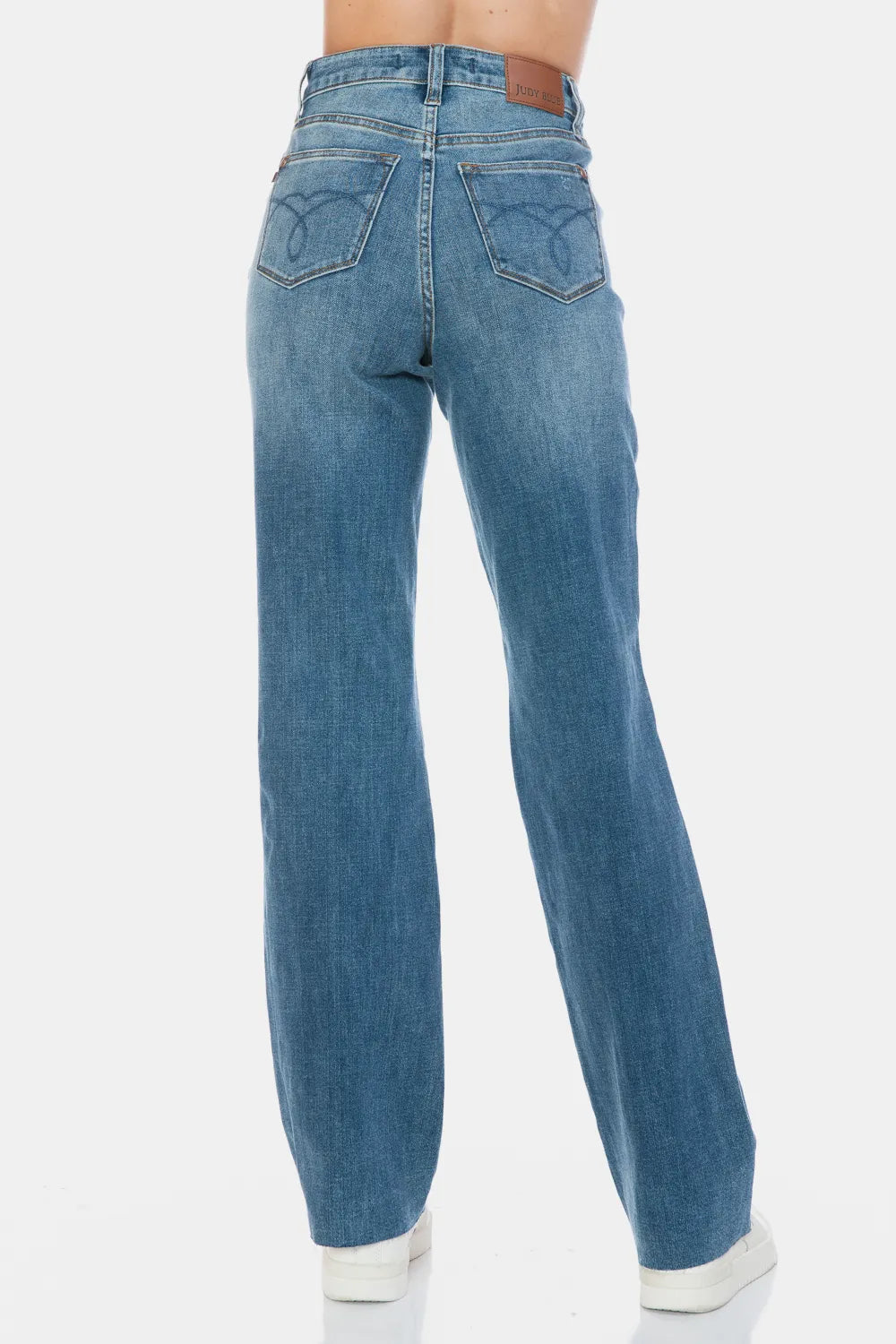 JUDY BLUE Full Size Tummy Control Cut Raw Hem Straight Jeans on Simply Obsessed