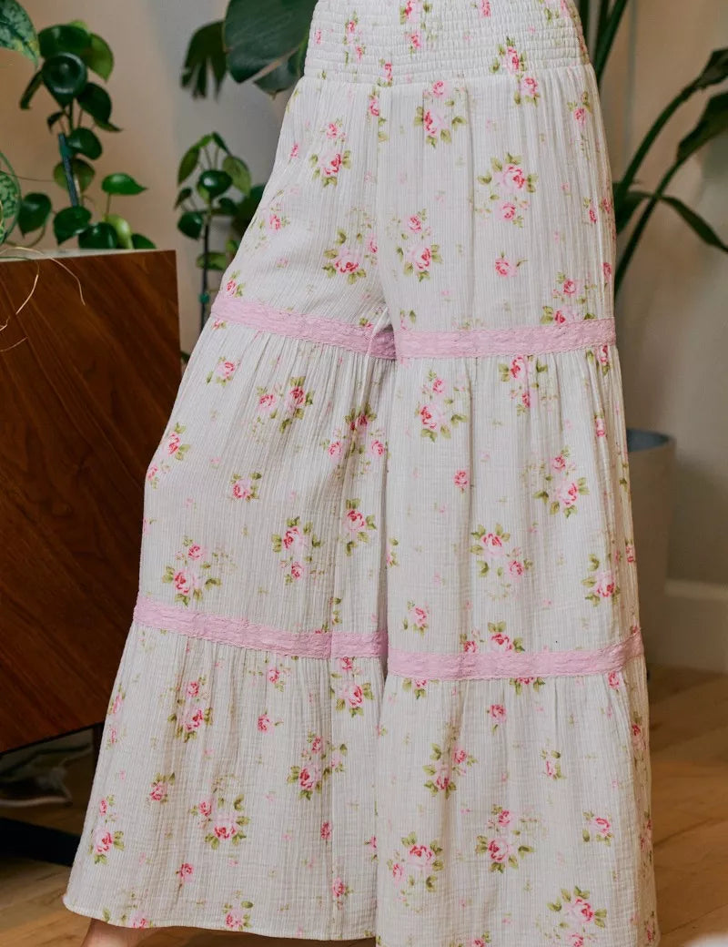 BIBI Rose Printed Gauze Trim Detail Smocked Maxi Pants on Simply Obsessed