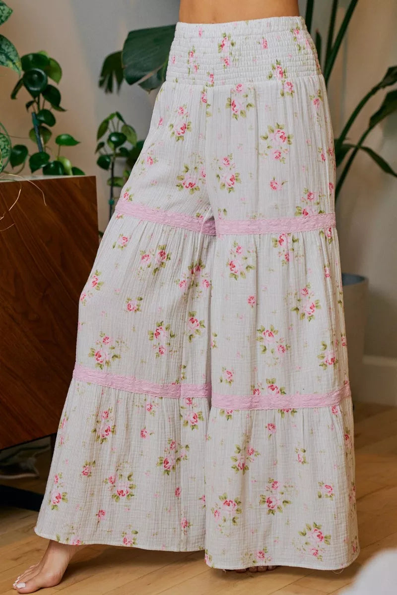 BIBI Rose Printed Gauze Trim Detail Smocked Maxi Pants on Simply Obsessed