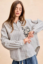 BiBi Flower Jacquard Knit Patch Pocket Stripe Shirt on Simply Obsessed