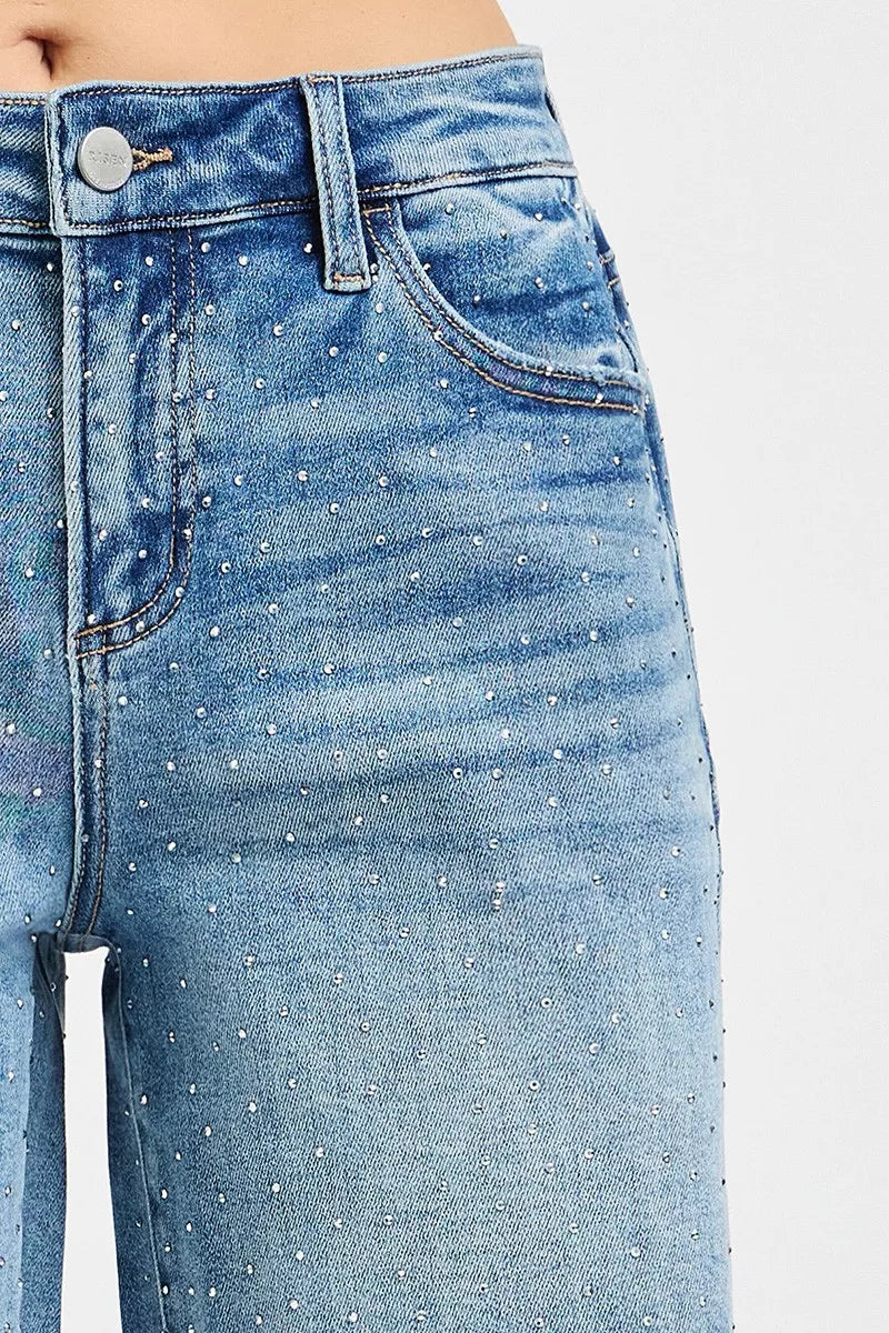 RISEN Slouchy Mid Length All Over Rhinestones Shorts on Simply Obsessed