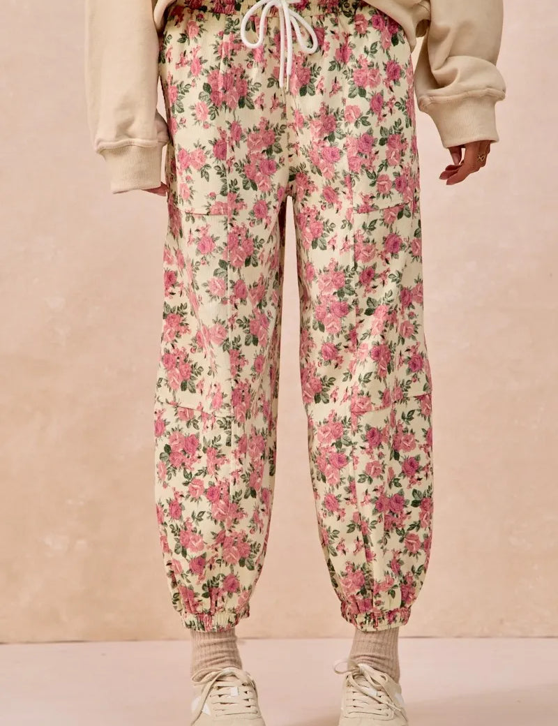 BIBI Floral Printed Twill Drawstring Pants With Elastic Band on Simply Obsessed