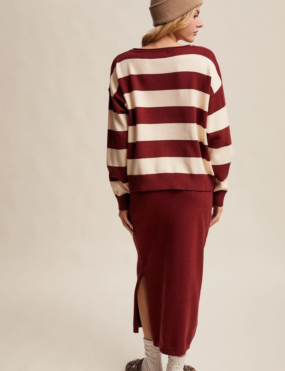 LISTICLE Burgundy Striped Sweater & Knit Skirt Set on Simply Obsessed