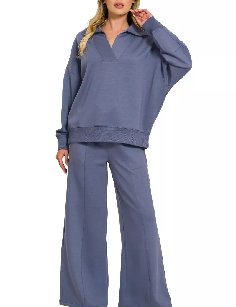 ZENANA Scuba Collared Pullover & Center Seam Pants Set on Simply Obsessed