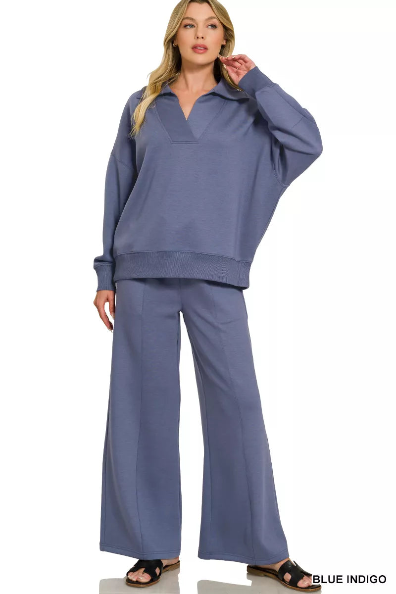 ZENANA Scuba Collared Pullover &amp; Center Seam Pants Set on Simply Obsessed