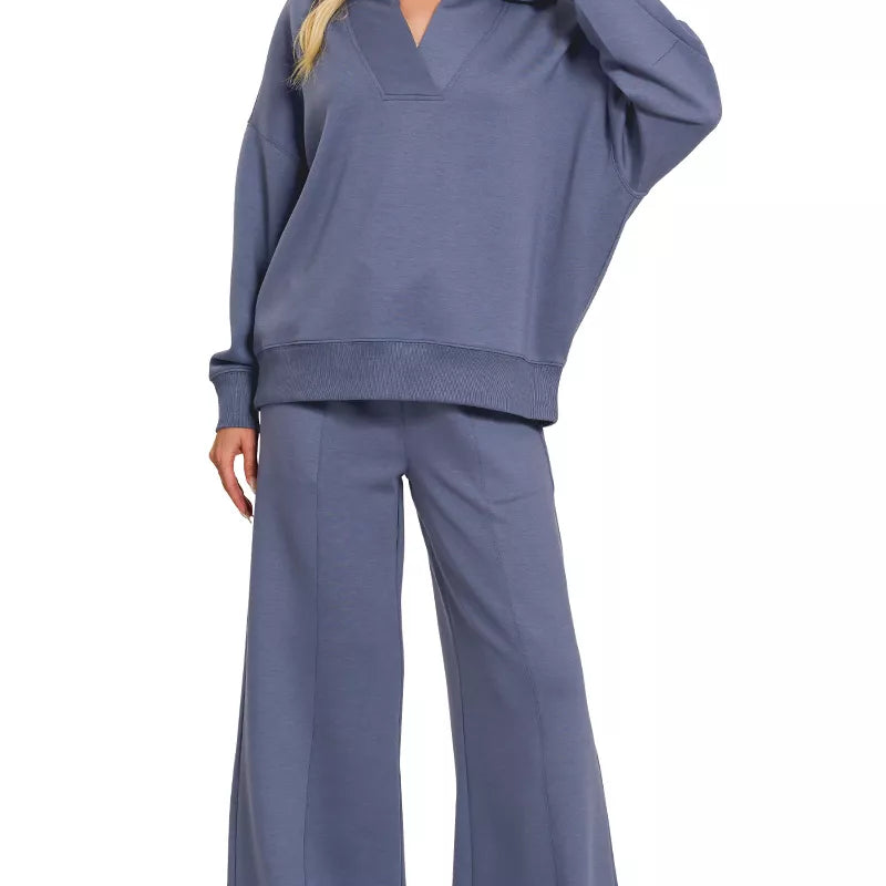 ZENANA Scuba Collared Pullover & Center Seam Pants Set on Simply Obsessed