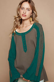 POL Scoop Neck Contrast Long Sleeve Top with Lace Detail on Simply Obsessed