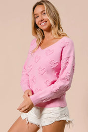 BiBi Valentines Heart Pompom V Neck Knit Top on Simply Obsessed