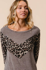 BiBi Sweater Knit Top With Leopard V Shape Block on Simply Obsessed