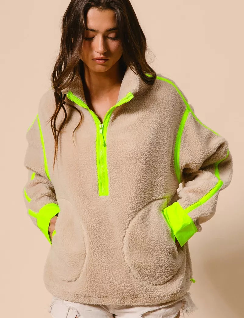 BiBi Contrast Edge Half Zip Up Sherpa Jacket on Simply Obsessed