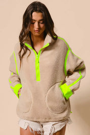 BiBi Contrast Edge Half Zip Up Sherpa Jacket on Simply Obsessed
