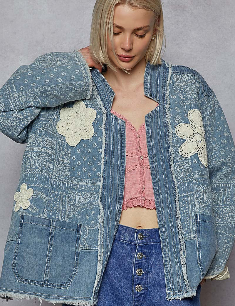 POL Paisley Pattern Patch Detail Quilted Woven Twill Jacket-DENIM on Simply Obsessed