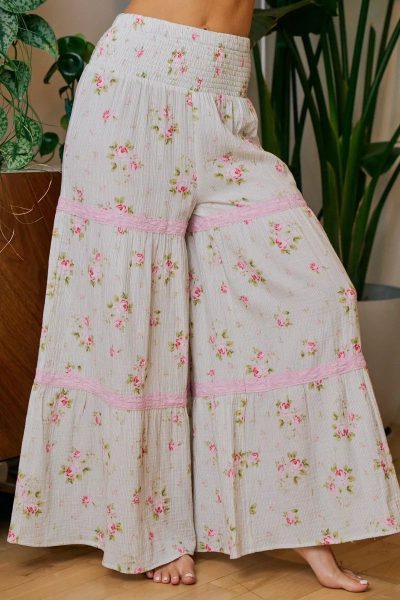BIBI Rose Printed Gauze Trim Detail Smocked Maxi Pants on Simply Obsessed
