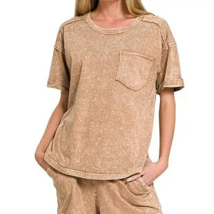 ZENANA Halo Snow Washed Exposed Seam Top & Shorts Set on Simply Obsessed