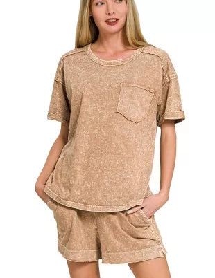 ZENANA Halo Snow Washed Exposed Seam Top & Shorts Set on Simply Obsessed