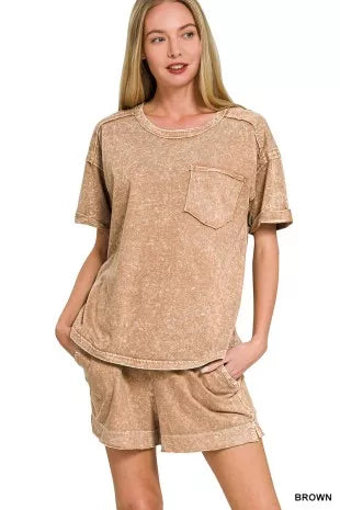 ZENANA Halo Snow Washed Exposed Seam Top & Shorts Set on Simply Obsessed