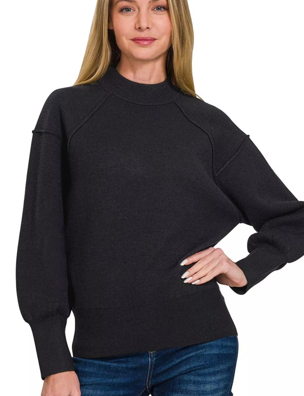 Zenana Viscose Mock Neck Exposed Seam Sweater on Simply Obsessed