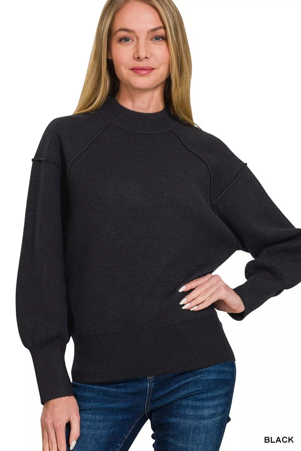 Zenana Viscose Mock Neck Exposed Seam Sweater on Simply Obsessed